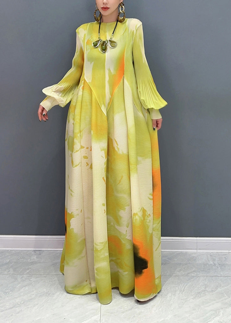 Classy Yellow Print Patchwork Chiffon Long Dress Puff Sleeve