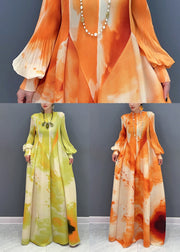 Classy Yellow Print Patchwork Chiffon Long Dress Puff Sleeve