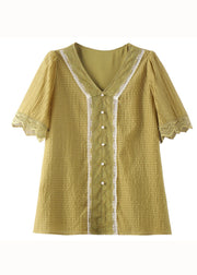 Classy Yellow V Neck Lace Nail Bead Patchwork Cotton Shirt Summer