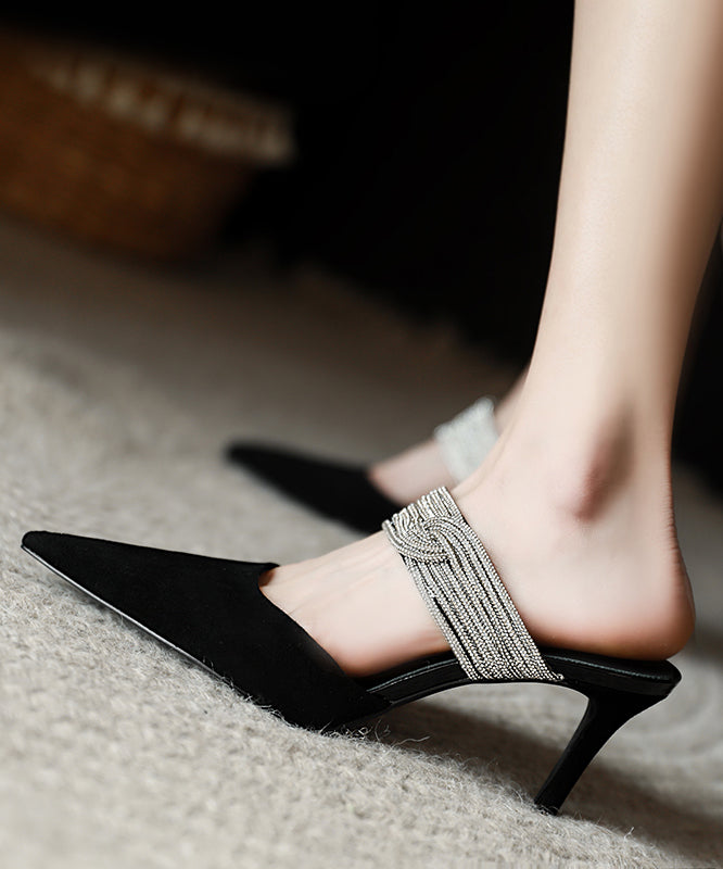 Classy Zircon Splicing Stiletto Black Suede Slide Sandals