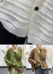 Coffee Button Cotton Knit Coats V Neck Long Sleeve