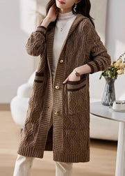 Coffee Button Patchwork Knit Fall Cardigans Hooded