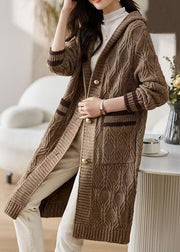 Coffee Button Patchwork Knit Fall Cardigans Hooded