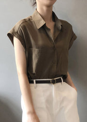 Coffee Button Solid Loose Shirts Short Sleeve