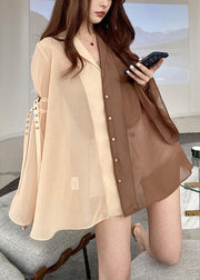 Coffee Button Thin Chiffon Shirt Long Sleeve