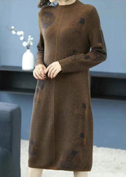 Coffee Cozy Cotton Knit Long Dress Turtleneck Long Sleeve