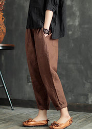 Coffee Elastic Waist Solid Linen Crop Pants