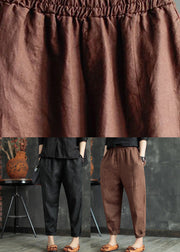 Coffee Elastic Waist Solid Linen Crop Pants