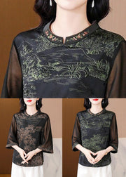 Coffee Embroidered Print Silk Shirt Stand Collar Summer