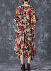 Coffee Floral Cotton Two Piece Suit Set Asymmetrical Oversized Summer