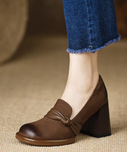 Coffee High Heels Chunky Cowhide Leather Classy Comfy Splicing