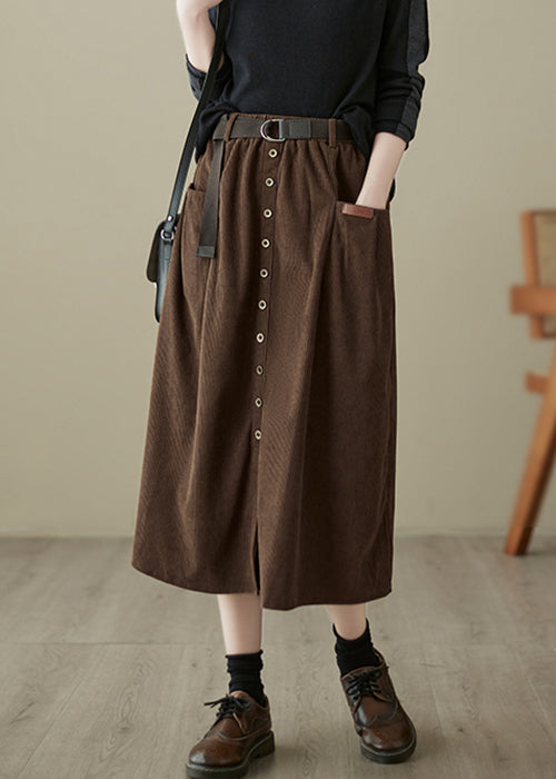 Coffee High Waist Patchwork Corduroy Skirts Pockets Spring