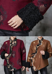 Coffee Jacquard Warm Fleece Coats Chinese Button Spring