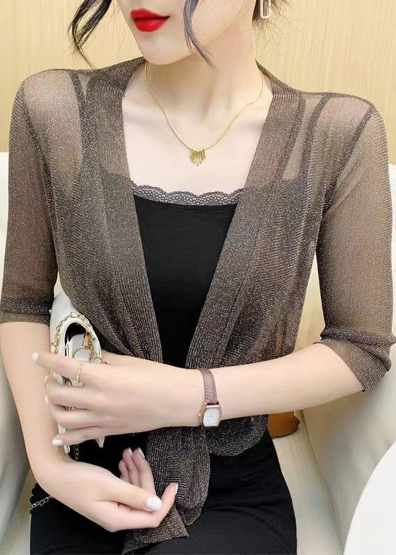 Coffee Lace Up Tulle Cardigan V Neck Half Sleeve