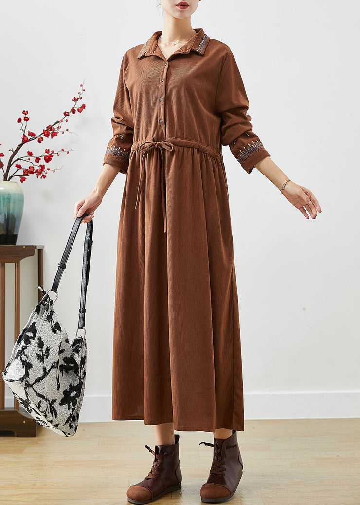 Coffee Loose Corduroy Long Dress Cinched Embroideried Fall