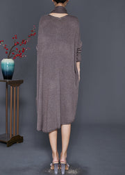 Coffee Loose Knit Dresses Asymmetrical Complimentary Scarf Fall