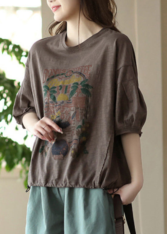 Coffee O-Neck Patchwork Cozy Cotton T Shirt Summer