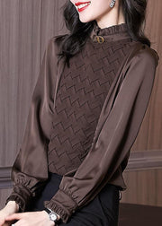 Chocolate Patchwork Chiffon Blouses Ruffled Warm Long Sleeve