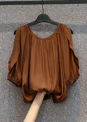 Coffee Patchwork Chiffon Top Ruffled O Neck Summer