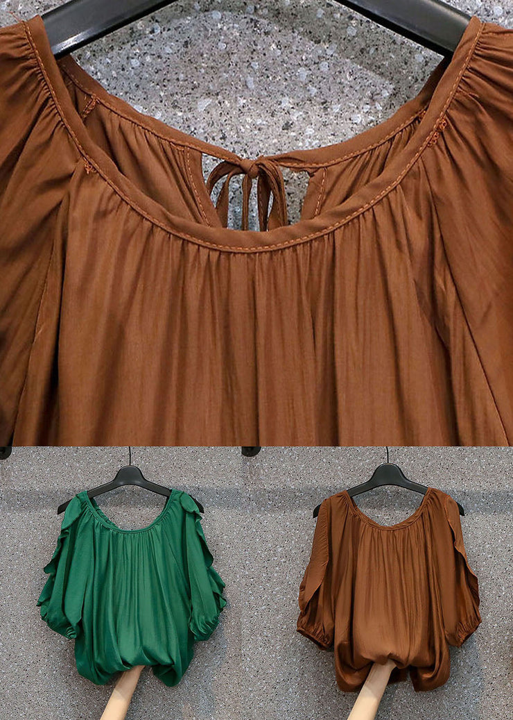 Coffee Patchwork Chiffon Top Ruffled O Neck Summer