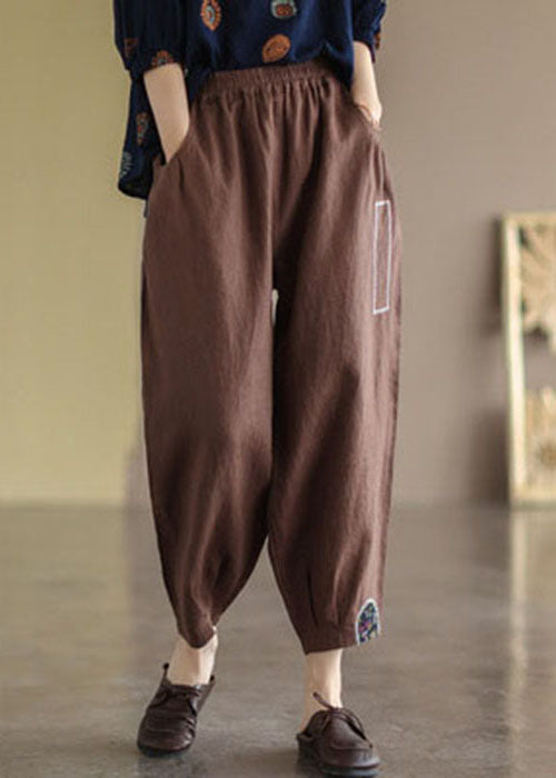 Chocolate Patchwork Linen Crop Pants High Waist Applique Fall