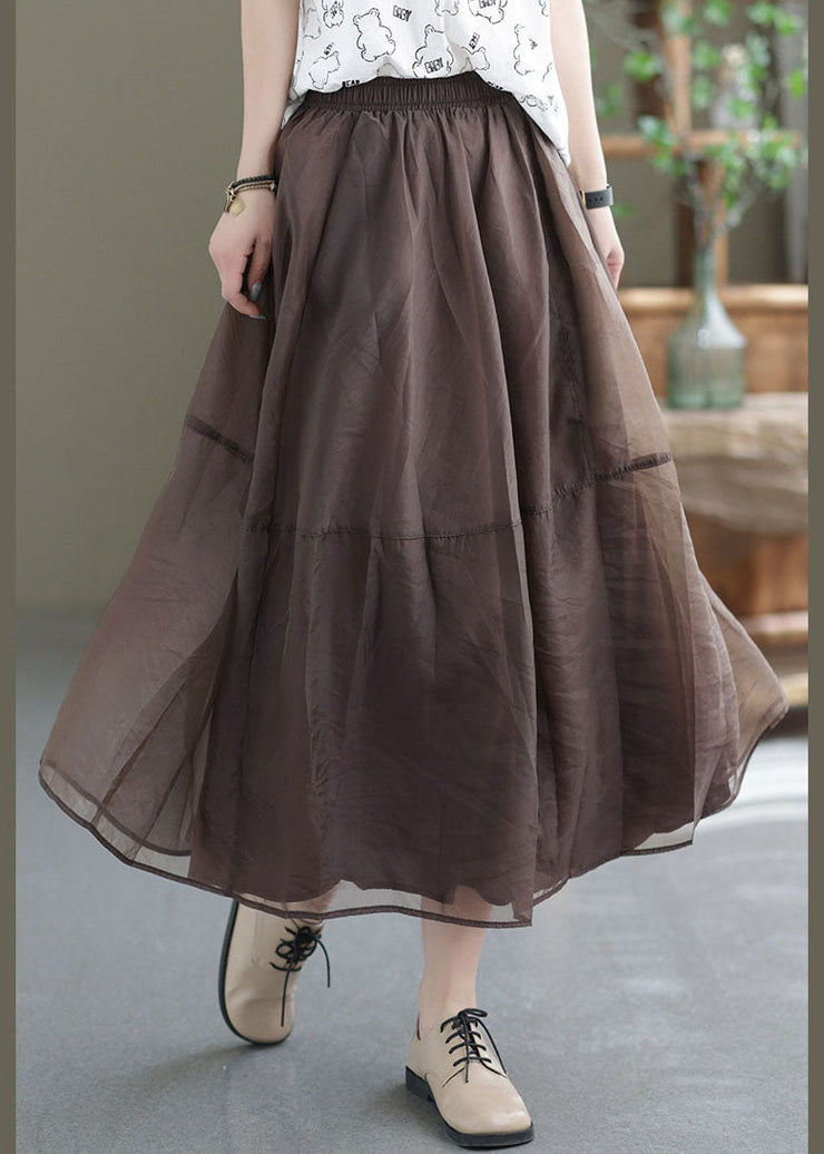 Chocolate Patchwork Organza A Line Skirts Elastic Waist Spring