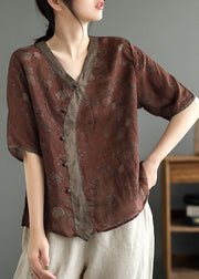 Coffee Patchwork Ramie T Shirt Short Sleeve