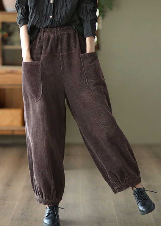 Chocolate Patchwork Warm Fleece Harem Pants Elastic Waist Pockets Winter