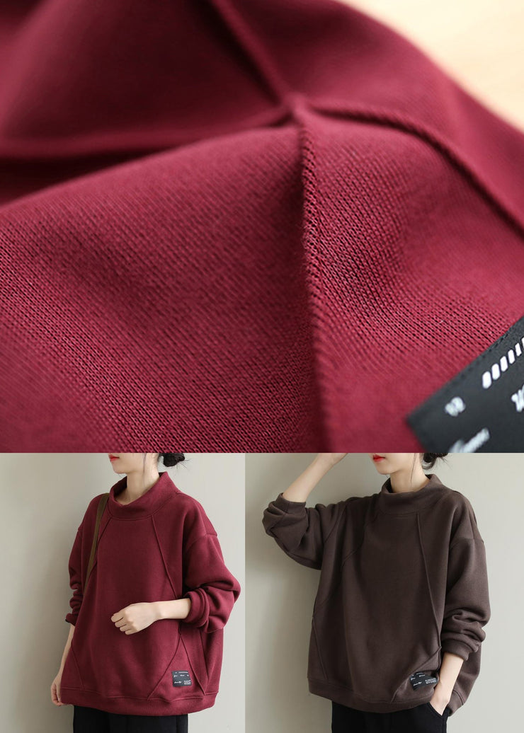 Coffee Patchwork Warm Fleece Pullover Sweatshirt Hign Neck Winter