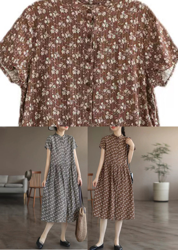 Coffee Patchwork Wrinkled Button Maxi Dresses Short Sleeve