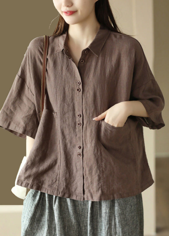 Coffee Peter Pan Collar Linen Shirts Summer