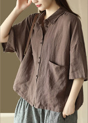 Coffee Peter Pan Collar Linen Shirts Summer