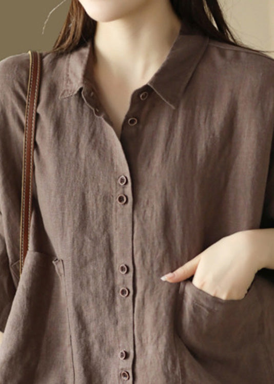 Coffee Peter Pan Collar Linen Shirts Summer