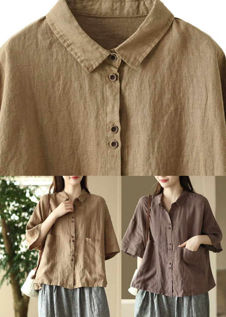 Coffee Peter Pan Collar Linen Shirts Summer