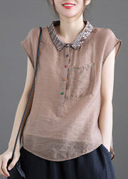 Chocolate Peter Pan Collar Low High Design Linen Short Sleeve