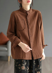 Coffee Pockets Cotton Shirt Stand Collar Long Sleeve