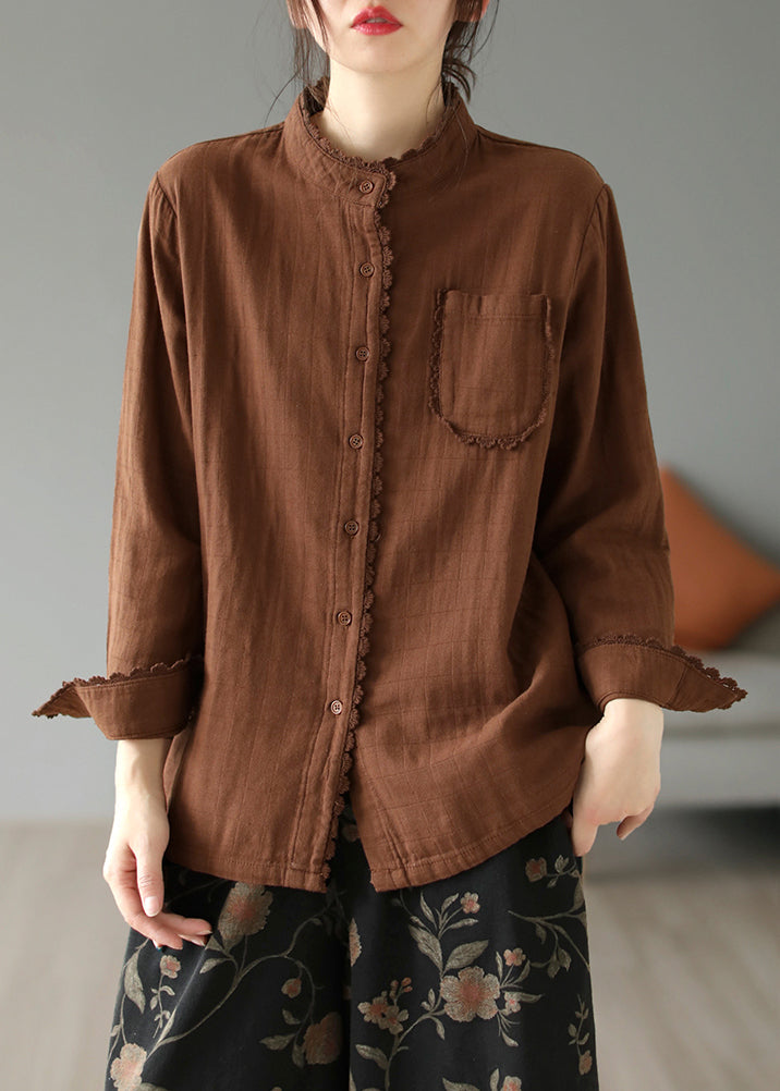 Coffee Pockets Cotton Shirt Stand Collar Long Sleeve