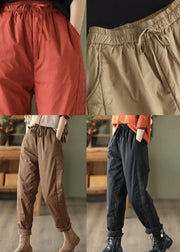 Coffee Pockets Loose Fine Cotton Filled Pants Elastic Waist Winter