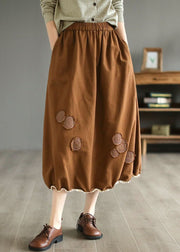 Coffee Pockets Patchwork Cotton Skirts Wrinkled Embroideried Spring