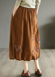 Coffee Pockets Patchwork Cotton Skirts Wrinkled Embroideried Spring