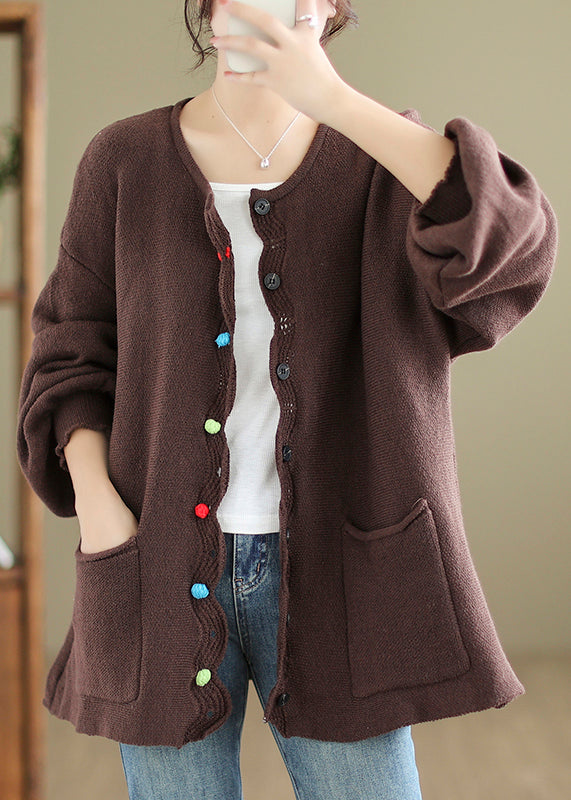 Coffee Pockets Patchwork Cozy Knit Coats O Neck Fall