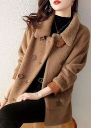 Coffee Pockets Patchwork Faux Fur Coat Peter Pan Collar Button Fall