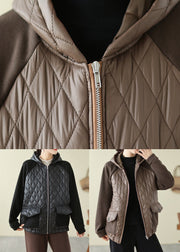 Coffee Pockets Patchwork Fine Cotton Filled Hooded Coat Zip Up Winter