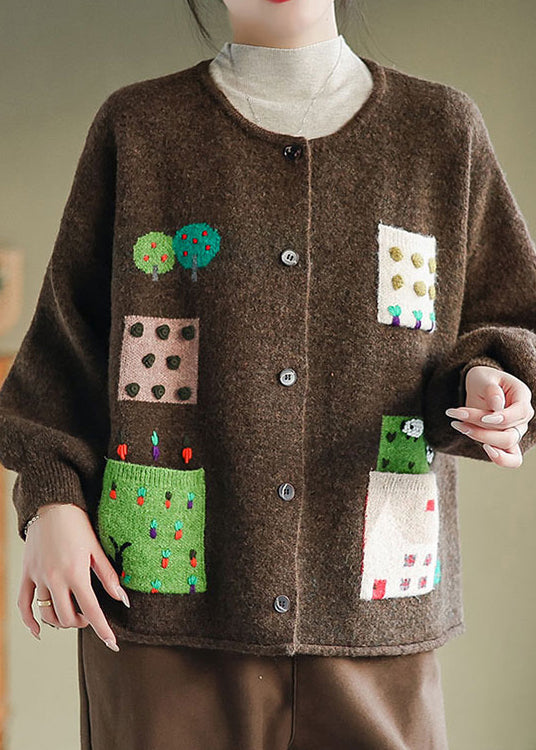 Coffee Pockets Patchwork Knit Cardigans Coat O Neck Button Fall