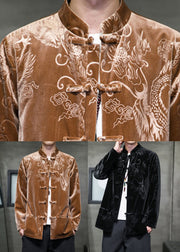 Coffee Pockets Patchwork Silk Velour Men Coat Spring