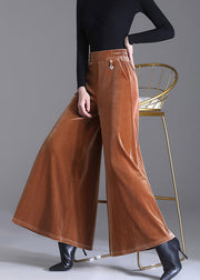 Coffee Pockets Patchwork Velour Wide Leg Pants Elastic Waist Fall