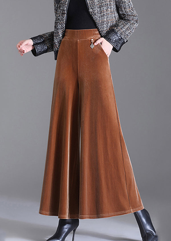 Coffee Pockets Patchwork Velour Wide Leg Pants Elastic Waist Fall