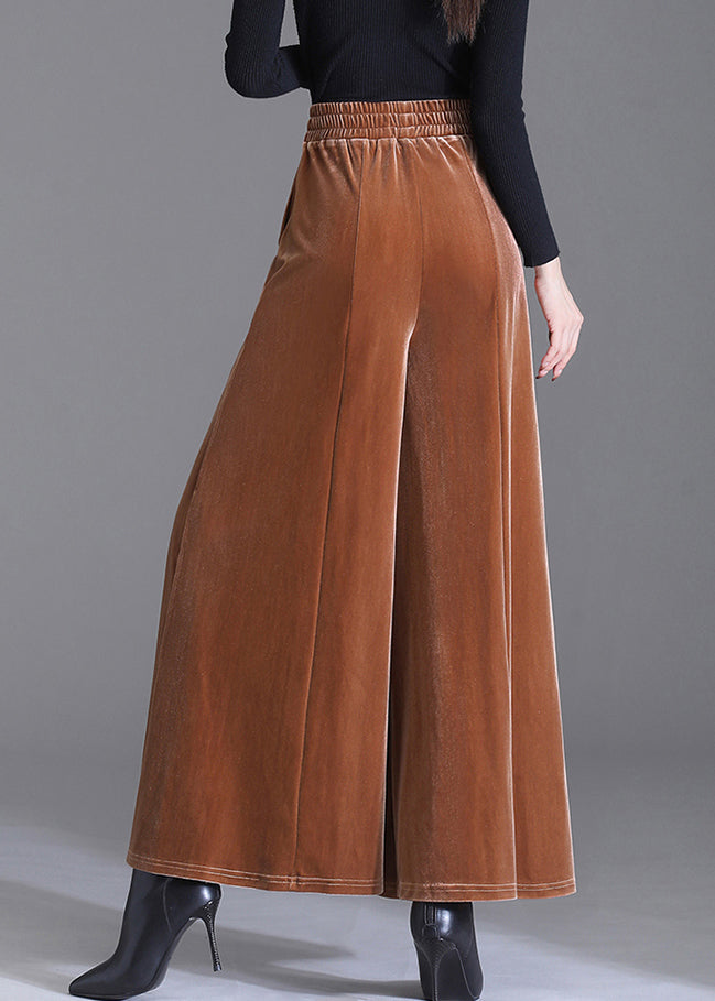 Coffee Pockets Patchwork Velour Wide Leg Pants Elastic Waist Fall