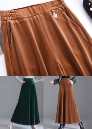 Coffee Pockets Patchwork Velour Wide Leg Pants Elastic Waist Fall