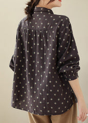 Coffee Print Cotton Blouses Peter Pan Collar Long Sleeve